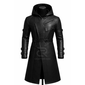Cyberpunk Futuristic Leather Coat  Men Hooded Coat Tech wear Outfit for Cosplay