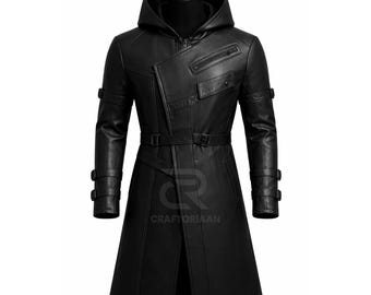 Cyberpunk Futuristic Leather Coat  Men Hooded Coat Tech wear Outfit for Cosplay