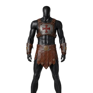 May include: A brown leather-look chest armor piece with a silver-toned plate featuring a red cross, paired with a matching brown leather-look skirt with metal studs and circular accents, and two brown leather-look forearm guards with silver plates.