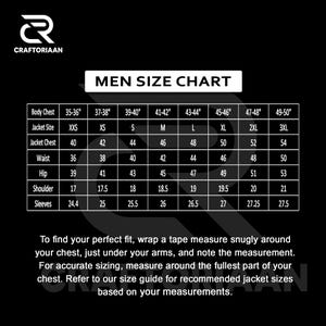May include: A black and white size chart for men's jackets, with measurements in inches. The chart includes body chest, jacket size, jacket chest, waist, hip, shoulder, and sleeve measurements. Instructions for measuring are also included.