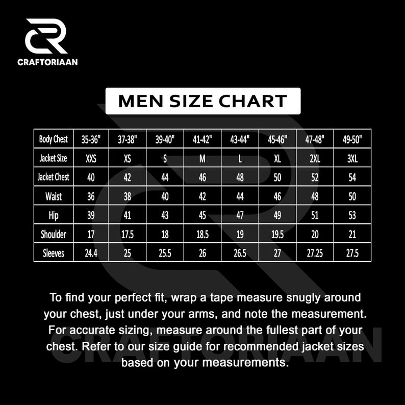 May include: A black and white size chart for men's jackets, with measurements in inches. The chart includes body chest, jacket size, jacket chest, waist, hip, shoulder, and sleeve measurements. Instructions for measuring are also included.