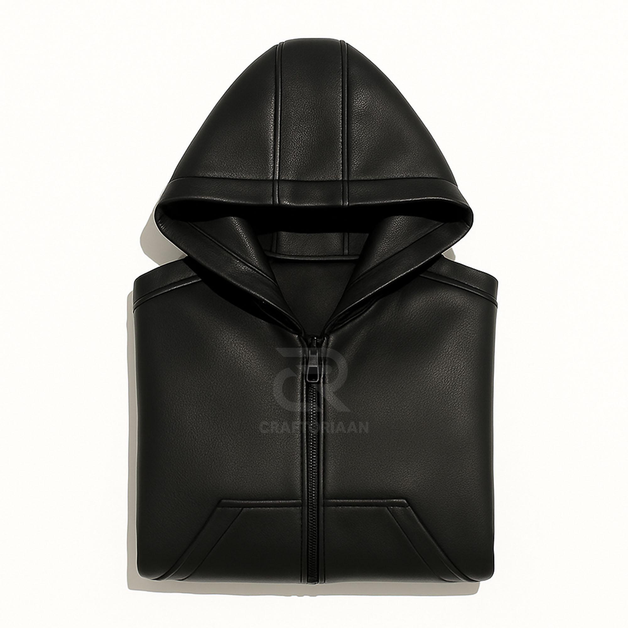 メンズ ブラック 本革 フード付きジャケット - ジップアップ