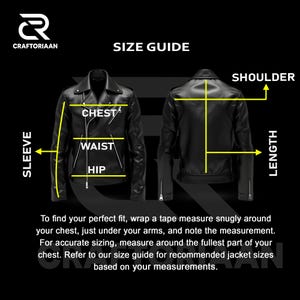 May include: A size guide for a black leather jacket, with measurements for chest, waist, hip, sleeve, shoulder, and length. The guide includes instructions on how to measure for the perfect fit. The Craftoriaan logo is in the upper left corner.