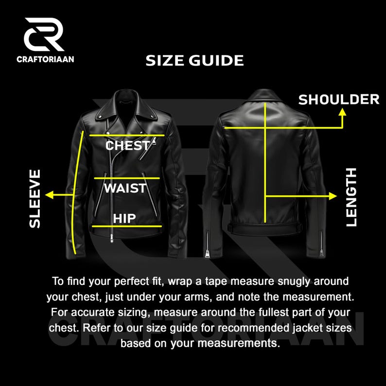 May include: A size guide for a black leather jacket, with measurements for chest, waist, hip, sleeve, shoulder, and length. The guide includes instructions on how to measure for the perfect fit. The Craftoriaan logo is in the upper left corner.