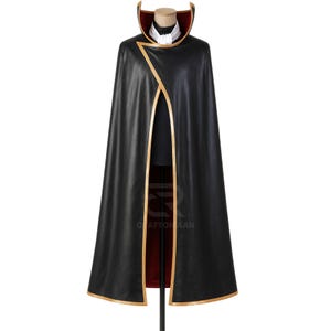 May include: A black cape with gold edging and a red lining, displayed on a mannequin. The cape has a high collar with a red interior and gold trim. The cape is part of a costume.