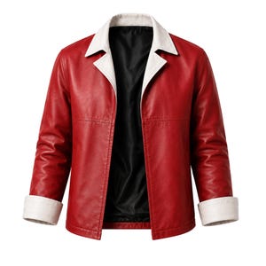Puede incluir: Una chaqueta roja con cuello blanco y puños blancos en las mangas largas. La chaqueta presenta un forro interior negro y un diseño de apertura frontal. El material exterior tiene una textura suave y la prenda se presenta sobre un fondo liso.