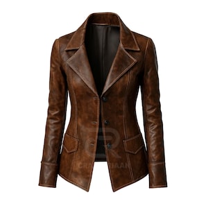 Distressed Brown Leather Blazer Jacket – Vintage Style, Tailored Fit – Women’s Fall Winter Fashion