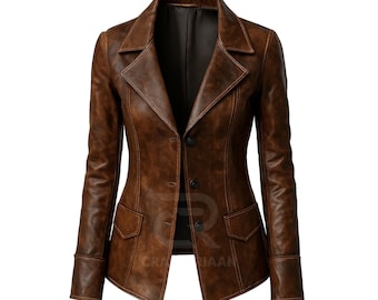 Verontruste bruine leren blazer – vintage getailleerd damesjack