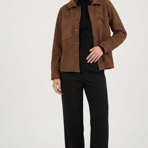 Women’s Brown Suede Leather Jacket Vintage Style Button Up Shirt Jacket Casual Chic Outerwear Fall Fashion Lightweight Coat Gift for Her