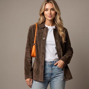 Women’s Brown Leather Blazer Jacket Vintage Style Button Up Slim Fit Casual Chic Leather Coat Classic Fall Outerwear Gift for Her