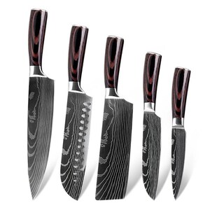 5-Piece Professional Damascus Steel Kitchen Knife Set with Ergonomic Wood Grain Handles – Chef, Santoku, Nakiri, Utility & Paring Knives