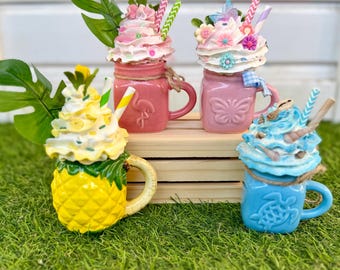 Mini summer mugs: Summer Cupcake Tiered Tray Decor- pineapple, flamingo, seashell, and butterfly