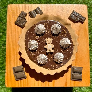 May include: A miniature chocolate tart with white frosting swirls and a small teddy bear decoration, presented on a wooden board. Chocolate bar pieces are arranged around the tart. The tart is approximately 3 inches in diameter.