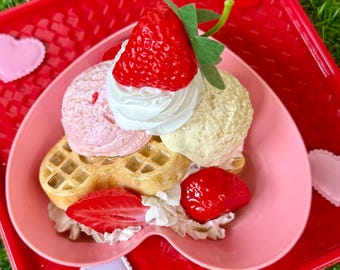 Fake Valentines Ice Cream Waffle Sundae: Resin Food Prop, Home Decor, tiered tray