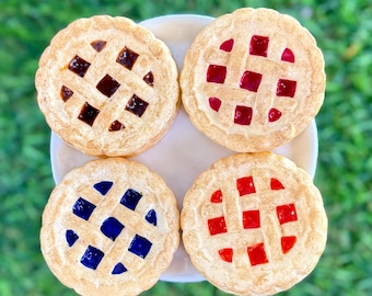 Fake mini pies: Apple, Cherry, Blueberry, and Pumpkin. Miniature Resin Pie, Tiered Tray Decor