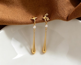 Star Teardrop Clip‑on Earrings, Handmade Freshwater Pearl Ear Clips, Back to School Gift For Her,Dainty NonPierced earring,Wedding Jewelry