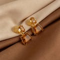 Amber Glass Dangle Clip On Earring, Square Cut Gold Tone Earring, Non Pierced Ear, Wedding Bridal Jewelry Gift,Vintage Style(ClipOn\/Pierced)
