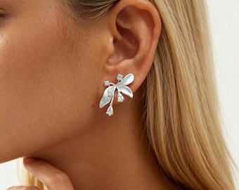 Silver Plated Bow Earrings, CZ Rhinestone Bridal Dangle, Pain Free Clip-On (2 Styles)