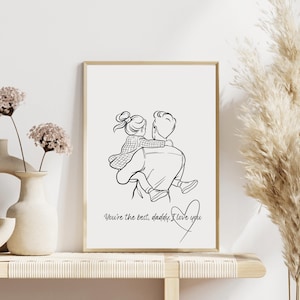 Arte lineal para el Día del Padre, dibujo de padre e hija, póster para padres e hijos, regalo para el futuro papá, decoración de pared minimalista, descarga digital instantánea