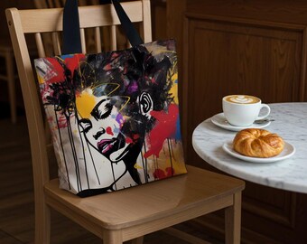 鮮やかな抽象表現主義の女性の肖像画のトートバッグ、カラフルなストリートアートスタイルのファッションアクセサリー、彼女へのユニークなアーバンアート愛好家へのギフト