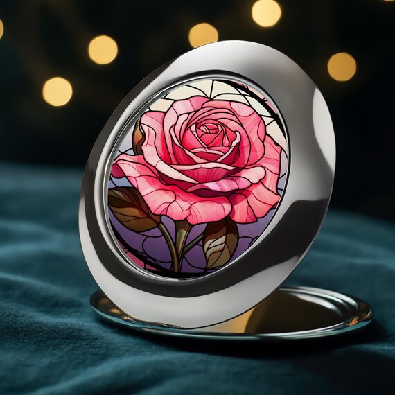 ピンクの薔薇の鏡 ステンドグラス
