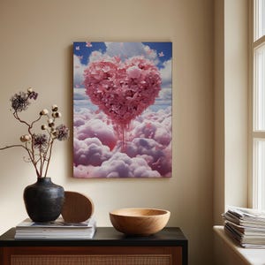 Dreamy Pink Heart Canvas Art | Ethereal Cloud Wall Decor | Romantic Bedroom Print | Pastel Nursery Gift | Whimsical Love Theme for Her