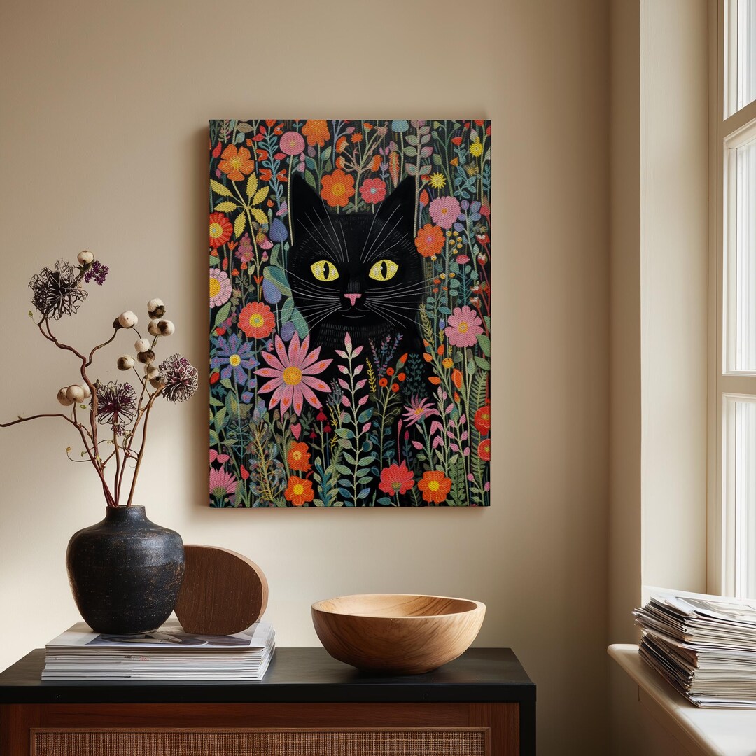 Whimsical Black Cat Floral Canvas Print | Vibrant Botanical Wall Art ...