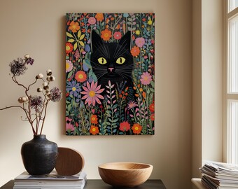 Whimsical Black Cat Floral Canvas Print | Vibrant Botanical Wall Art | Colorful Folk Art Feline Decor | Cottagecore Eclectic Home Gift