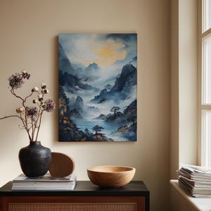 Moonlit Serenity Canvas Wall Art | East Asian Landscape Print | Misty Mountain Zen Decor | Tranquil Home Office Art | Spiritual Nature Gift