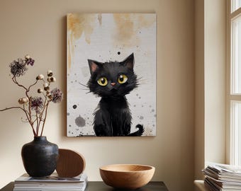 Charmantes Aquarell Schwarze Katze Leinwanddruck | Niedliche wunderliche Katzen Wand Kunst | Geschenk für Tierliebhaber | Kinderzimmer Dekor | Kinderzimmer Kunst | Akzent