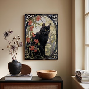 Art Nouveau Black Cat Canvas Print | Stained Glass Feline Wall Art with Red Flowers | Elegant Mysterious Cat Lover Gift for Home Decor