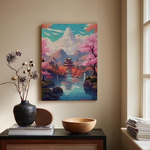 Japanese Mount Fuji Cherry Blossom Pagoda Canvas Print | Vibrant Asian Landscape Wall Art | Tranquil Home Decor Gift for Serene Spaces