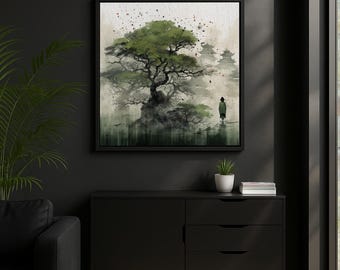 Whispers of Nature Framed Matte Canvas Print | East Asian Landscape Art | Sumi-e Style Ink Wash Painting | Zen Decor for Tranquil Home