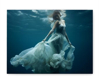Ethereal Drift Underwater Canvas Print | Serene Aquatic Fantasy Wall Art | Dreamlike Graceful Figure Home Decor | Tranquil Ocean Blue