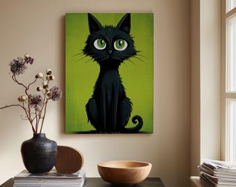 Vibrant Black Cat Canvas Wall Art with Striking Green Eyes | Quirky Cartoon Feline Decor | Modern Pop Art Print | Unique Cat Lover Gift