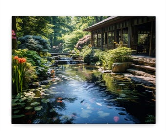 Tranquil Japanese Garden Koi Pond Canvas Print, Serene Nature Wall Art, Peaceful Zen Landscape Home Decor, Meditative Office Art Gift