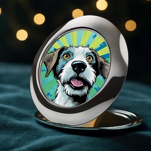 Pop Art Dog Compact Mirror | Cheerful Travel Makeup Mirror | Quirky Dog Lover Gift | Vibrant Animal Art Accessory | Portable Cosmetic Mirror