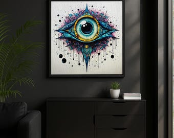 Lebendiges kosmisches Wächterauge psychedelisches gerahmtes Leinwandbild | Mystische Drittes Auge Wanddekoration | Visionärer spiritueller Akzent und einzigartiges Geschenk