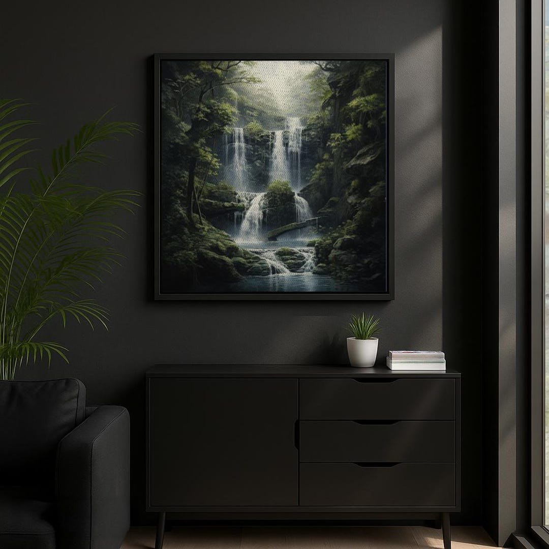 Mystic Waterfall Framed Canvas Art | Serene Lush Forest Landscape Print ...
