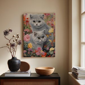 Charming Kitten Canvas Art Print, Fluffy Grey Cats in Floral Garden, Whimsical Animal Wall Decor, Cute Nursery & Home Gift for Cat Lovers