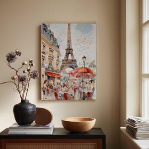 Romantic Paris Cafe Watercolor Canvas Print | Eiffel Tower Wall Art | French Street Scene Decor | Dreamy European Cityscape for Home