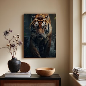 Majestic Photorealistic Tiger Wall Art Canvas Print | Dramatic Wildlife Decor for Living Room | Intense Big Cat Home Statement Piece