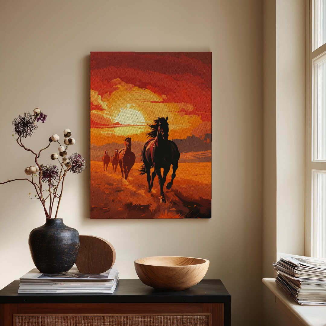 Vibrant Wild Sunset Running Horses Canvas Wall Art | Dynamic Equestrian ...