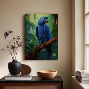 Majestic Hyacinth Macaw Canvas, Vibrant Blue Parrot Wall Art, Tropical Rainforest Decor, Exotic Bird Lover Gift, Nature Wildlife Art