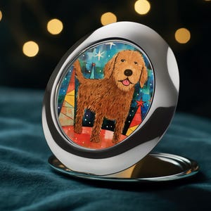 Whimsical Goldendoodle Christmas Compact Mirror | Festive Labradoodle Travel Accessory | Cute Dog Lover Holiday Gift for Pet Parents
