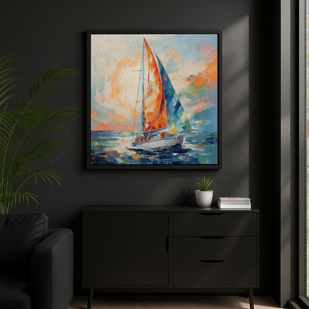 鮮やかな帆船の海景フレーム付きキャンバスアート、印象派の航海壁装飾