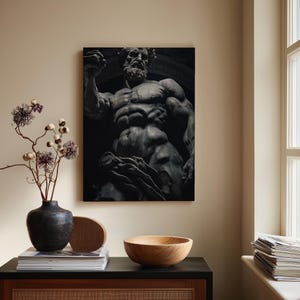 Titanic Strength Classical Statue Canvas Print | Ancient Sculpture Wall Art | Powerful Muscular Male Figure Decor | Dark Academia Art