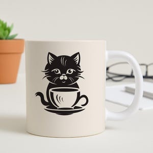 Charming Black Cat Coffee Mug | Minimalist Feline Tea Cup | Cute Kitty Lover Gift | Cozy Animal Art 11oz Ceramic Mug for Hot Beverages