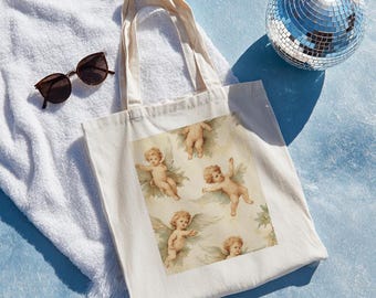 Vintage Cherub Tote Bag | Angelic Watercolor Canvas Tote | Classical Art Renaissance Style Bag | Ethereal Heavenly Design Gift Perfect