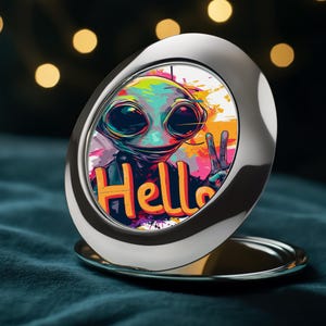 Vibrant Pop Art Alien Compact Mirror with Peace Sign and &#39;HELLO&#39; | Fun Travel Makeup Accessory | Quirky Gift for Gen Z & Young Adults